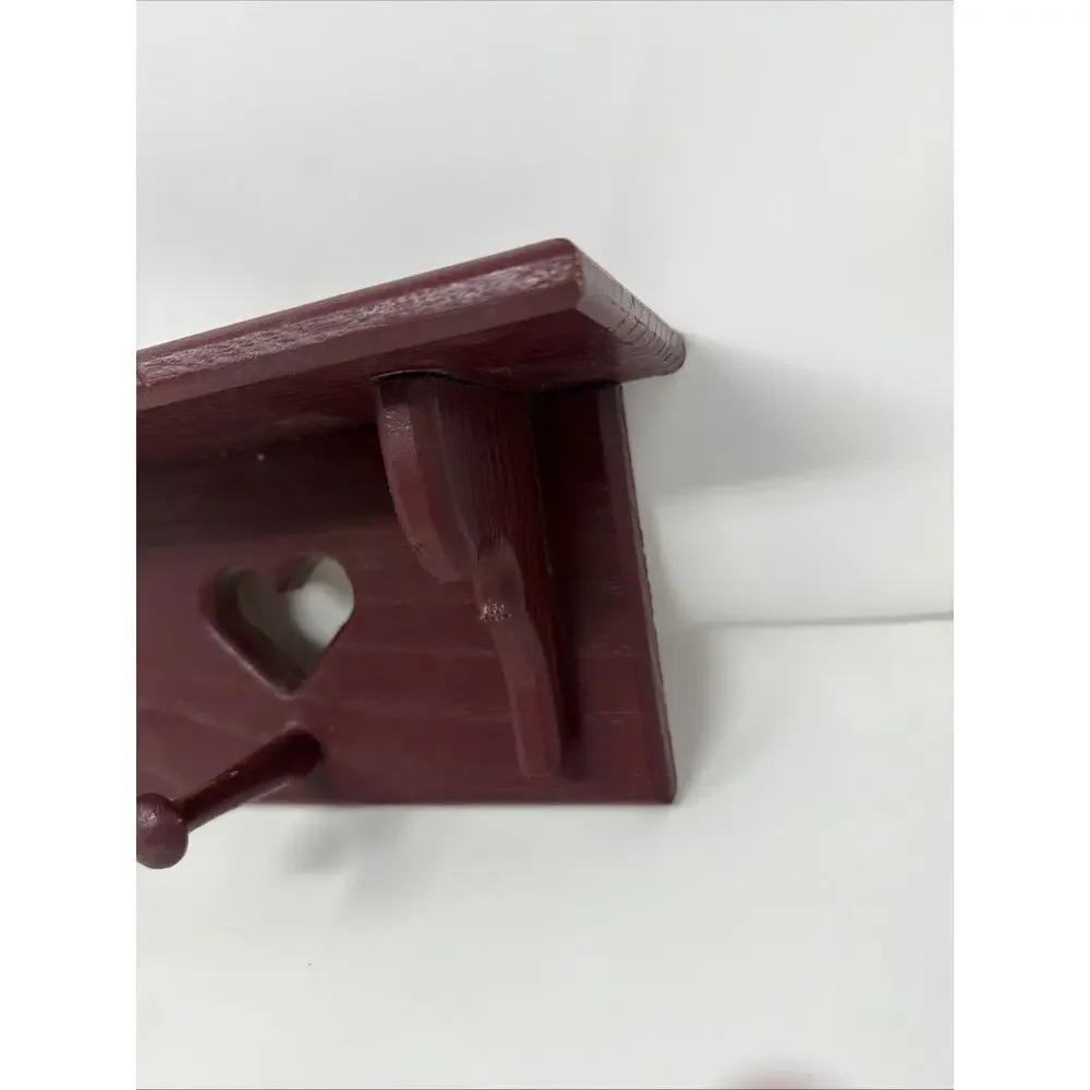 Vintage Plum Solid Wood Heart Cut Out Wall Shelf With 3 Pegs Granny Core 21